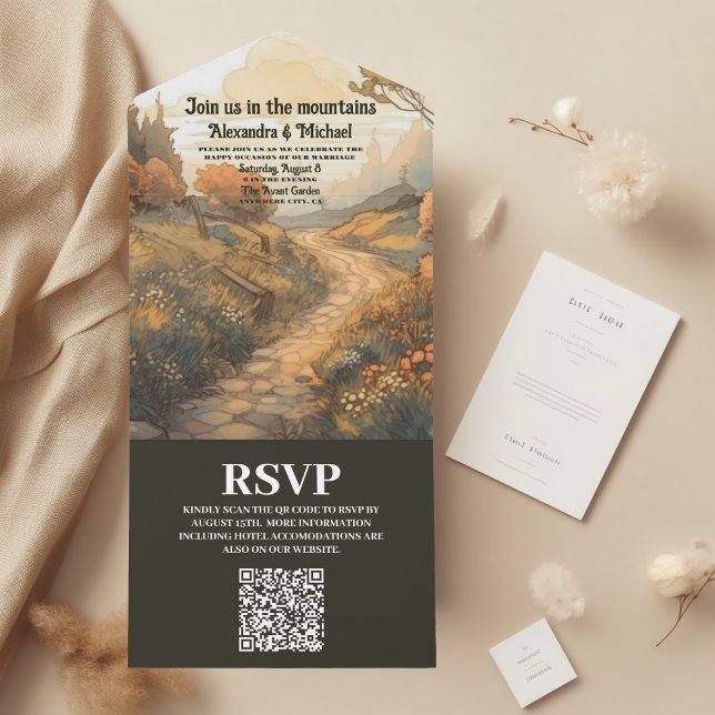Rustic Mountain Forest Evergreen Wedding QR Code All In One Invitation (Creator Uploaded)
