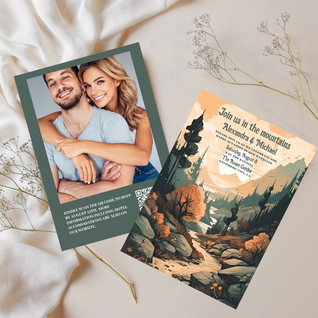Rustic Mountain Forest Evergreen Wedding QR Code Invitation (Creator Uploaded)