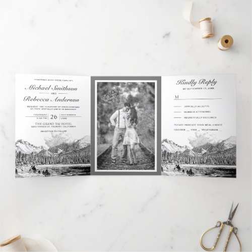 Rustic Mountain Forest Lake All in One Wedding Tri_Fold Invitation