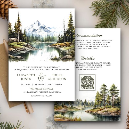Rustic Mountain Forest Lake QR Code Wedding Invitation