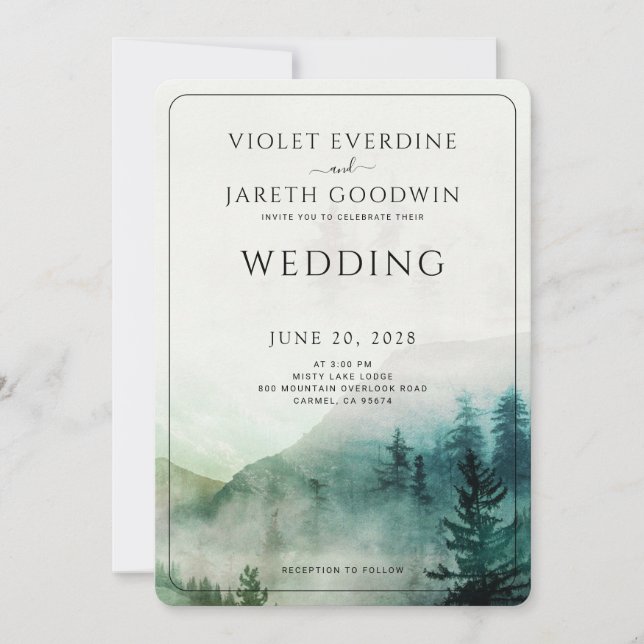Rustic Mountain Forest Mist Wedding Invitation (Front)