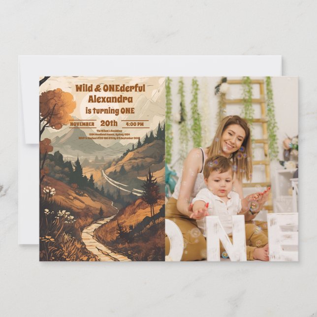 Rustic Mountain Forest Photo 1st Birthday Invitation (Front)