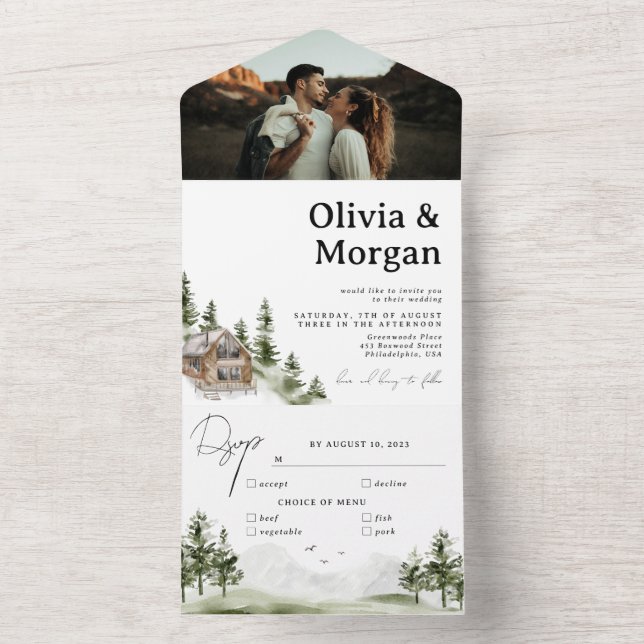 Rustic Mountain Forest Photo Destination Wedding All In One Invitation (Inside)