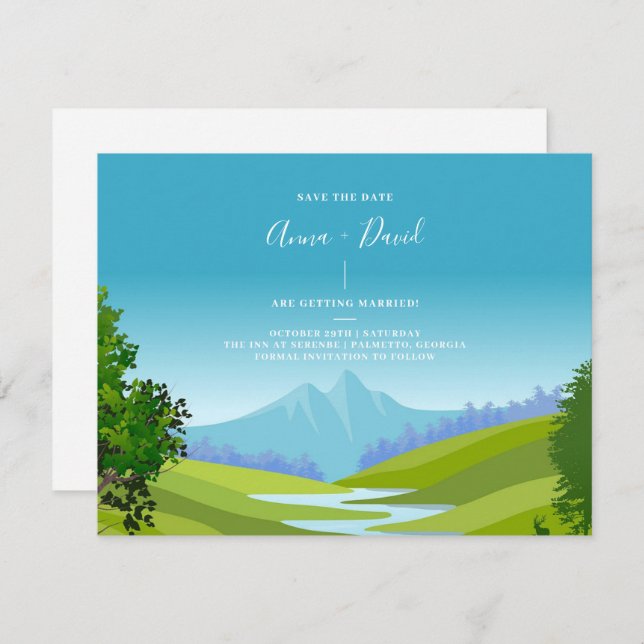 Rustic Mountain Forest Scenery Save The Date Card (Front/Back)