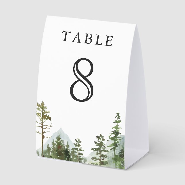 Rustic Mountain Forest Trees Wedding Table Number Paper Table Tent (Front)