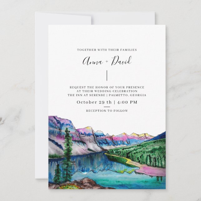 Rustic Mountain Forest Watercolor Wedding Invitation (Front)