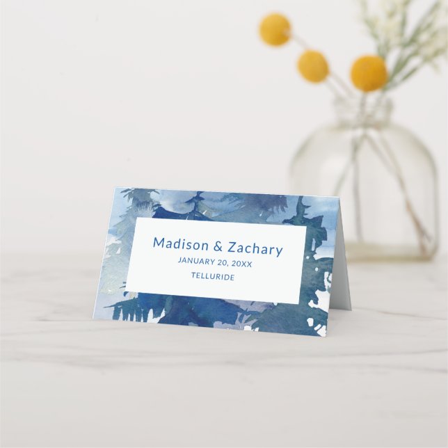 Rustic Mountain Forest Watercolor Wedding Place Card (Front)