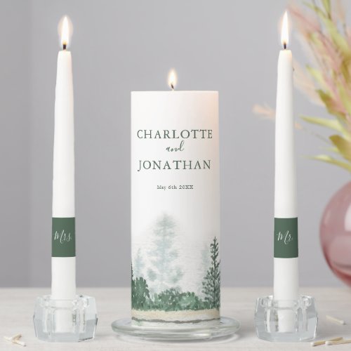 Rustic Mountain Forest Watercolor Wedding Wine Lab Unity Candle Set