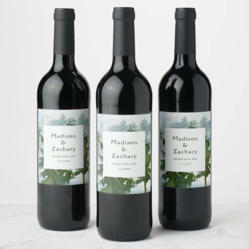 Rustic Mountain Forest Watercolor Wedding Wine Label