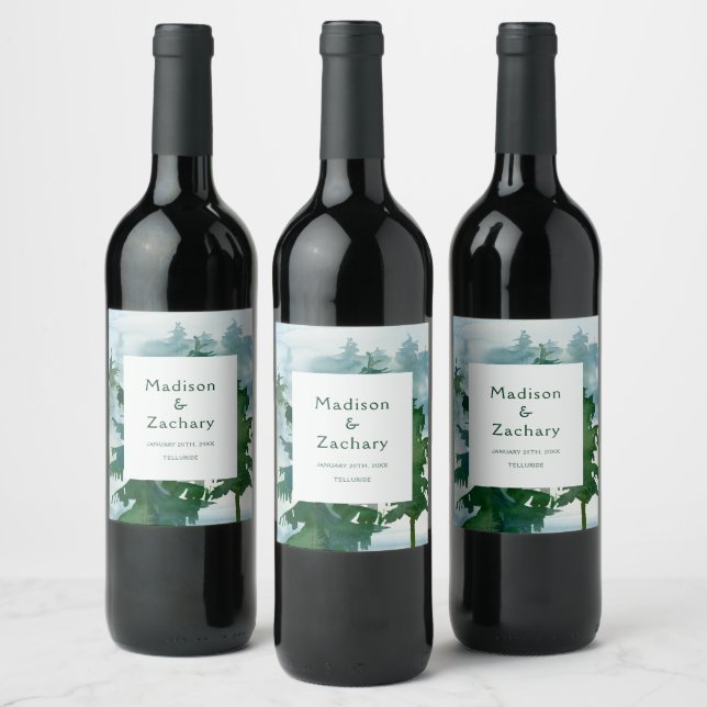 Rustic Mountain Forest Watercolor Wedding Wine Label (Bottles)