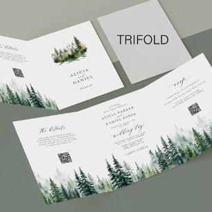 Rustic mountain green pine forest QR code wedding Tri-Fold Invitation