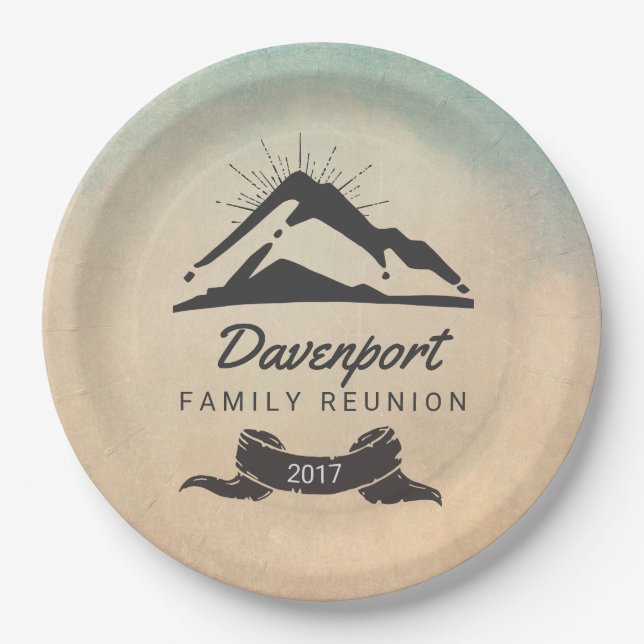 Rustic Mountain Illustration Family Reunion Paper Plates (Front)