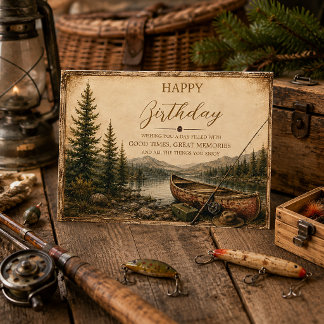 Rustic Mountain Lake Canoe Fishing Birthday | Card