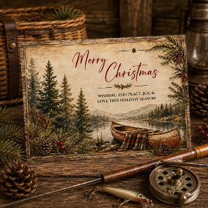 Rustic Mountain Lake Canoe Landscape Christmas | Holiday Card