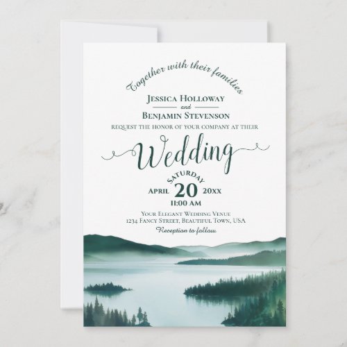 Rustic Mountain Lake Elegant Calligraphy Wedding Invitation
