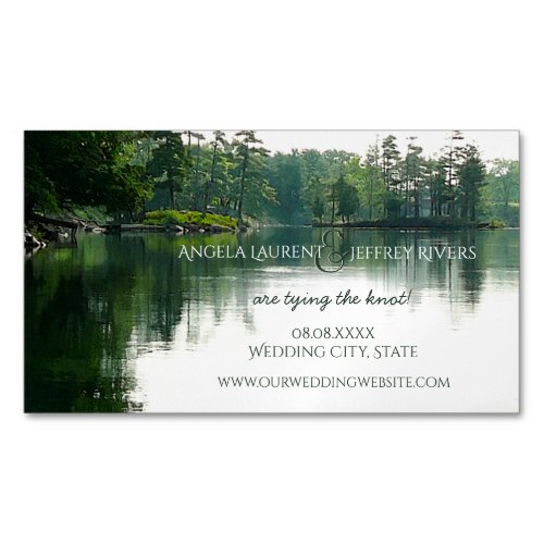 Rustic mountain lake evergreen save the date business card magnet