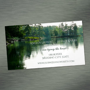 Rustic mountain lake evergreen save the date business card magnet