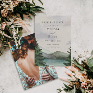 Rustic Mountain & Lake Evergreen Save The Date Invitation