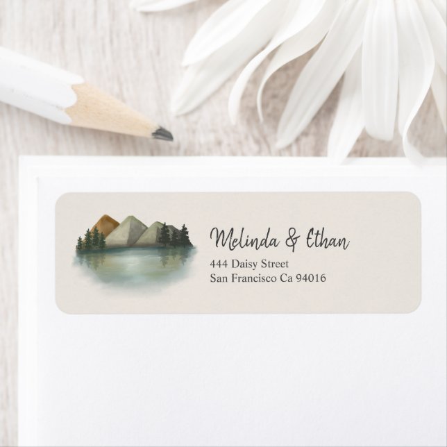 Rustic Mountain & Lake Evergreen Wedding Label (Insitu)