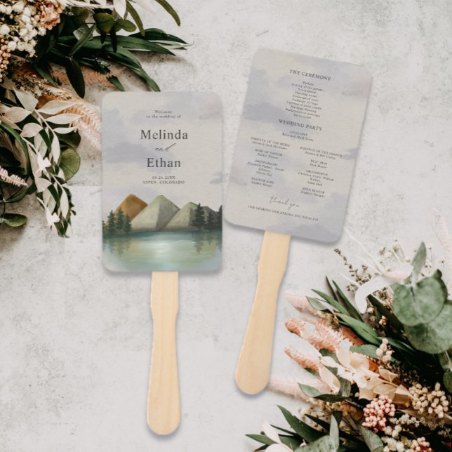 Rustic Mountain & Lake Evergreen Wedding Program Hand Fan (Creator Uploaded)