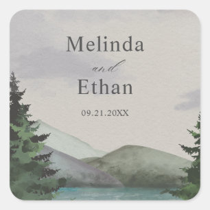 Rustic Mountain & Lake Evergreen Wedding Square Sticker