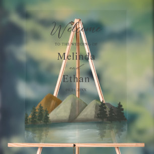 Rustic Mountain & Lake Evergreen Wedding Welcome Acrylic Sign