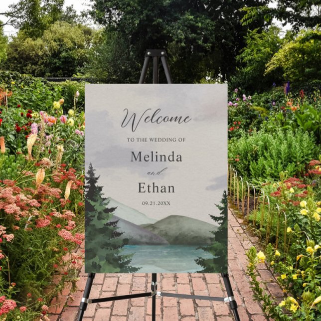 Rustic Mountain & Lake Evergreen Wedding Welcome Foam Board (Creator Uploaded)