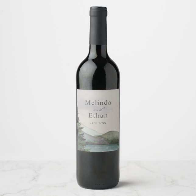 Rustic Mountain & Lake Evergreen Wedding  Wine Label (Front)