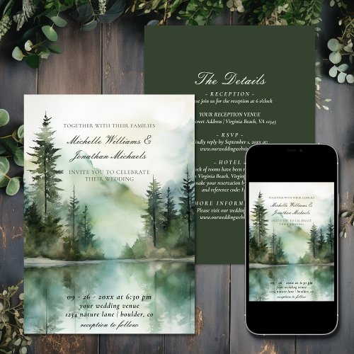 Rustic Mountain Lake Forest All in One Wedding Invitation