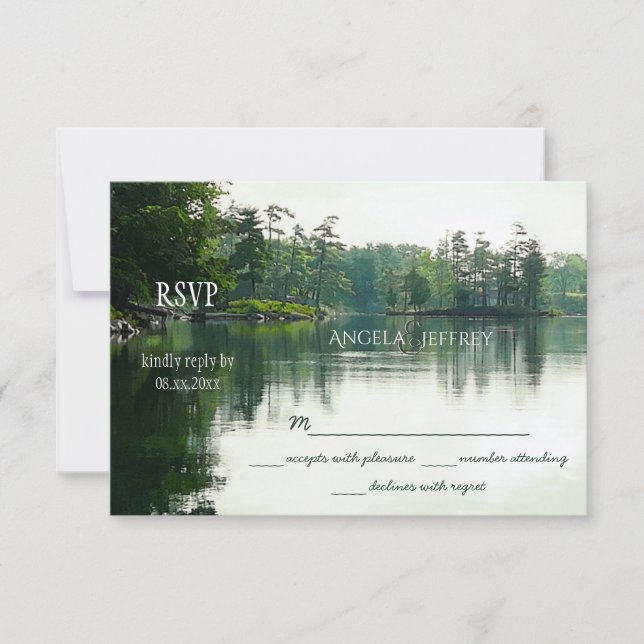Rustic mountain lake heron silhouette wedding RSVP (Front)