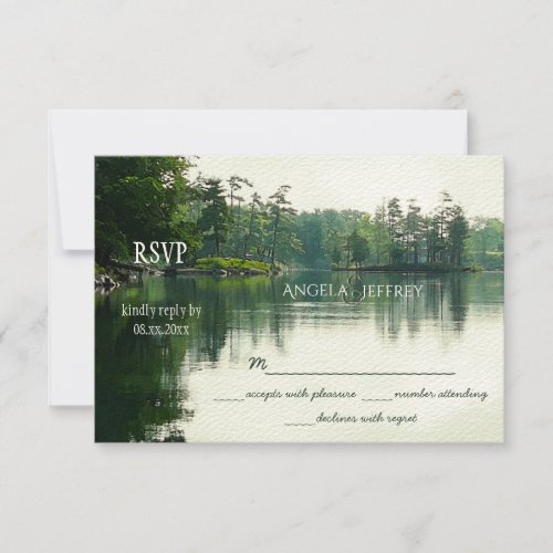 Rustic mountain lake heron silhouette wedding RSVP