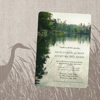 Rustic mountain lake heron wedding invitation