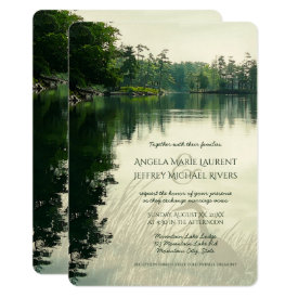 Rustic mountain lake heron silhouette wedding invitation