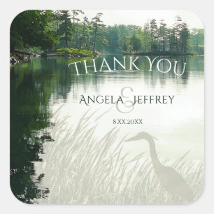 Rustic mountain lake heron wedding thank you square sticker