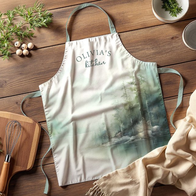 Rustic Mountain Lake Home with Name Apron (Personalize with your name.)