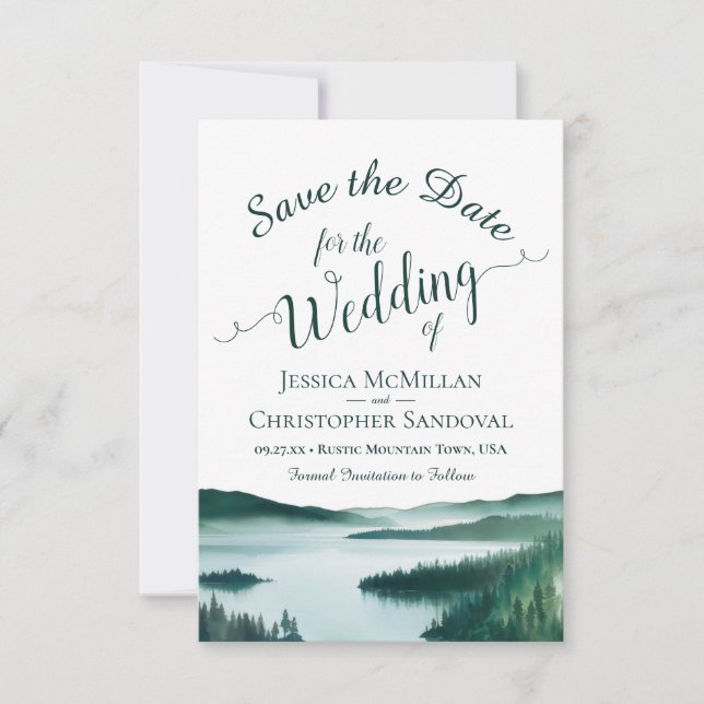 Rustic Mountain Lake Landscape Destination Wedding Save The Date (Front)