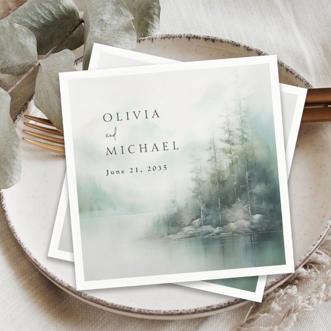 Rustic Mountain Lake Misty Pines Modern Wedding Napkins (Creator Uploaded)