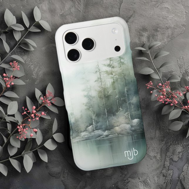 Rustic Mountain Lake Nature-Inspired with Monogram iPhone Case (Creator Uploaded)