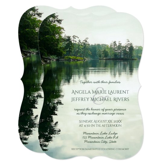 Rustic mountain lake reflection wedding invitation