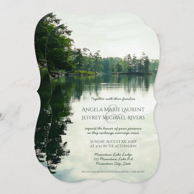 Rustic mountain lake reflection wedding invitation (Front/Back)