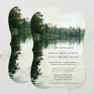 Rustic mountain lake reflection wedding invitation