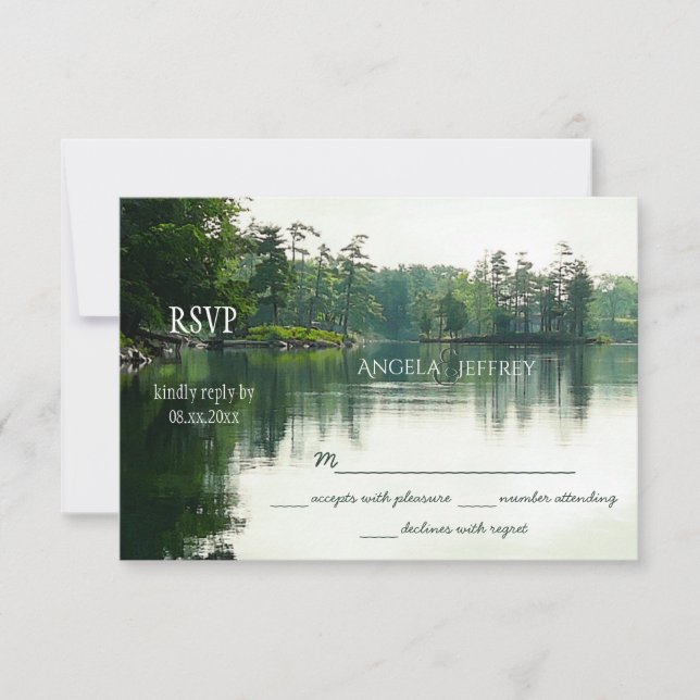 Rustic mountain lake reflection wedding RSVP (Front)