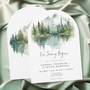 Rustic Mountain Lake Scene Watercolor Arch Wedding Invitation