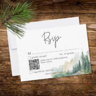 Rustic Mountain Lake Scene Watercolor QR Code RSVP Card