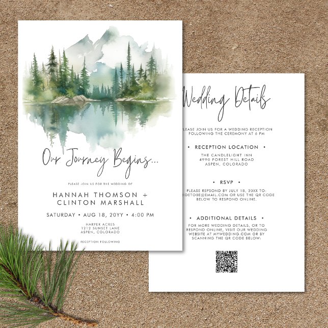Rustic Mountain Lake Scene Watercolor Two Sided Invitation (Rustic Mountain Lake Scene Watercolor Two-Sided Invitation)