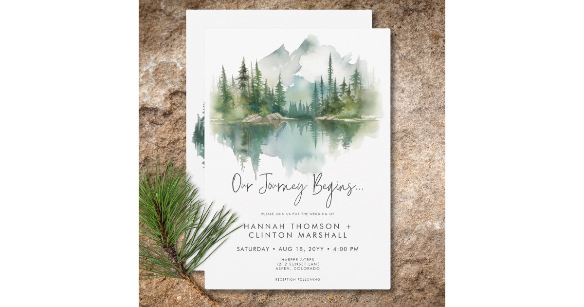 Rustic Mountain Lake Scene Watercolor Wedding Invitation | Zazzle