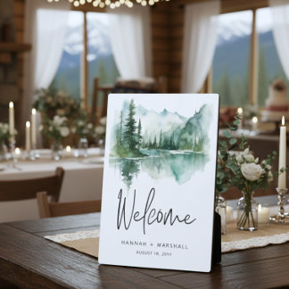 Rustic Mountain Lake Scene Watercolor Wedding Plaque
