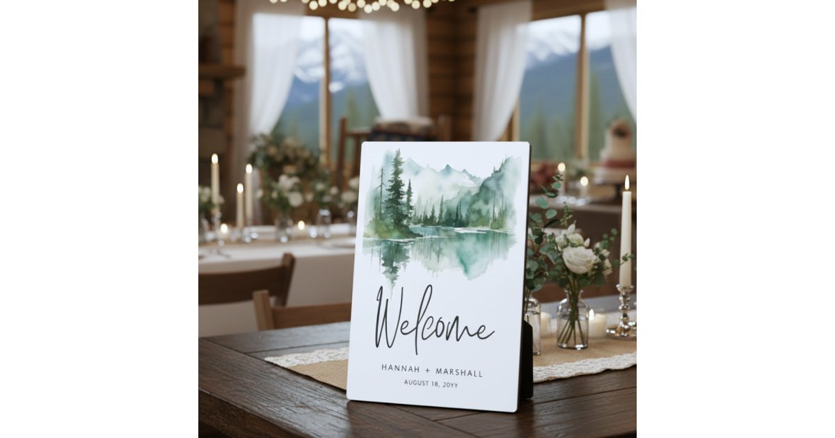 Rustic Mountain Lake Scene Watercolor Wedding Plaque | Zazzle