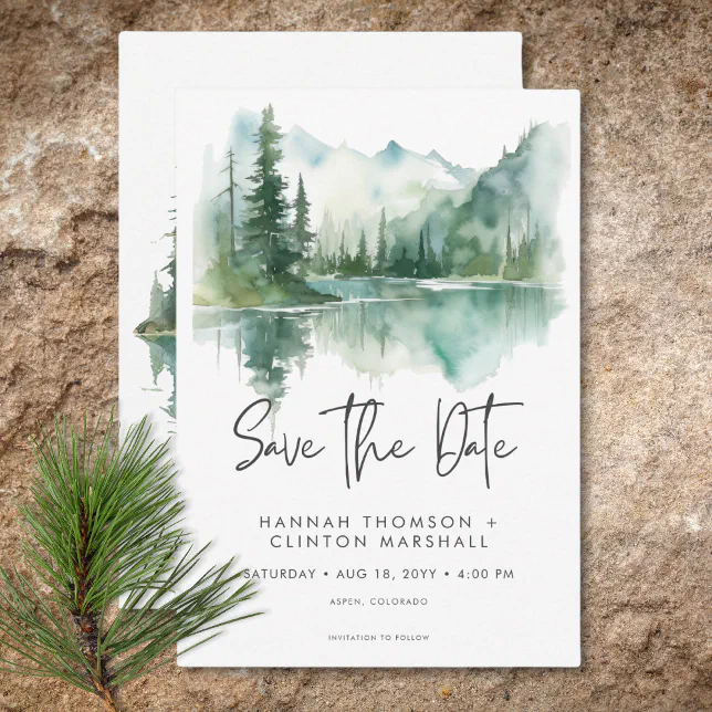 Rustic Mountain Lake Scene Watercolor Wedding Save The Date | Zazzle