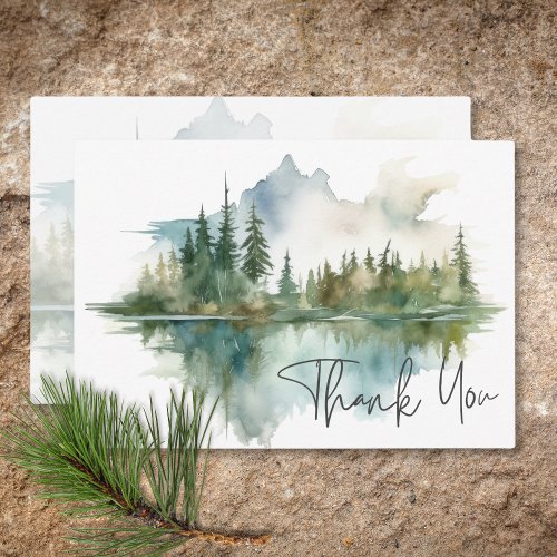 Rustic Mountain Lake Scene Watercolor Wedding Thank You Card